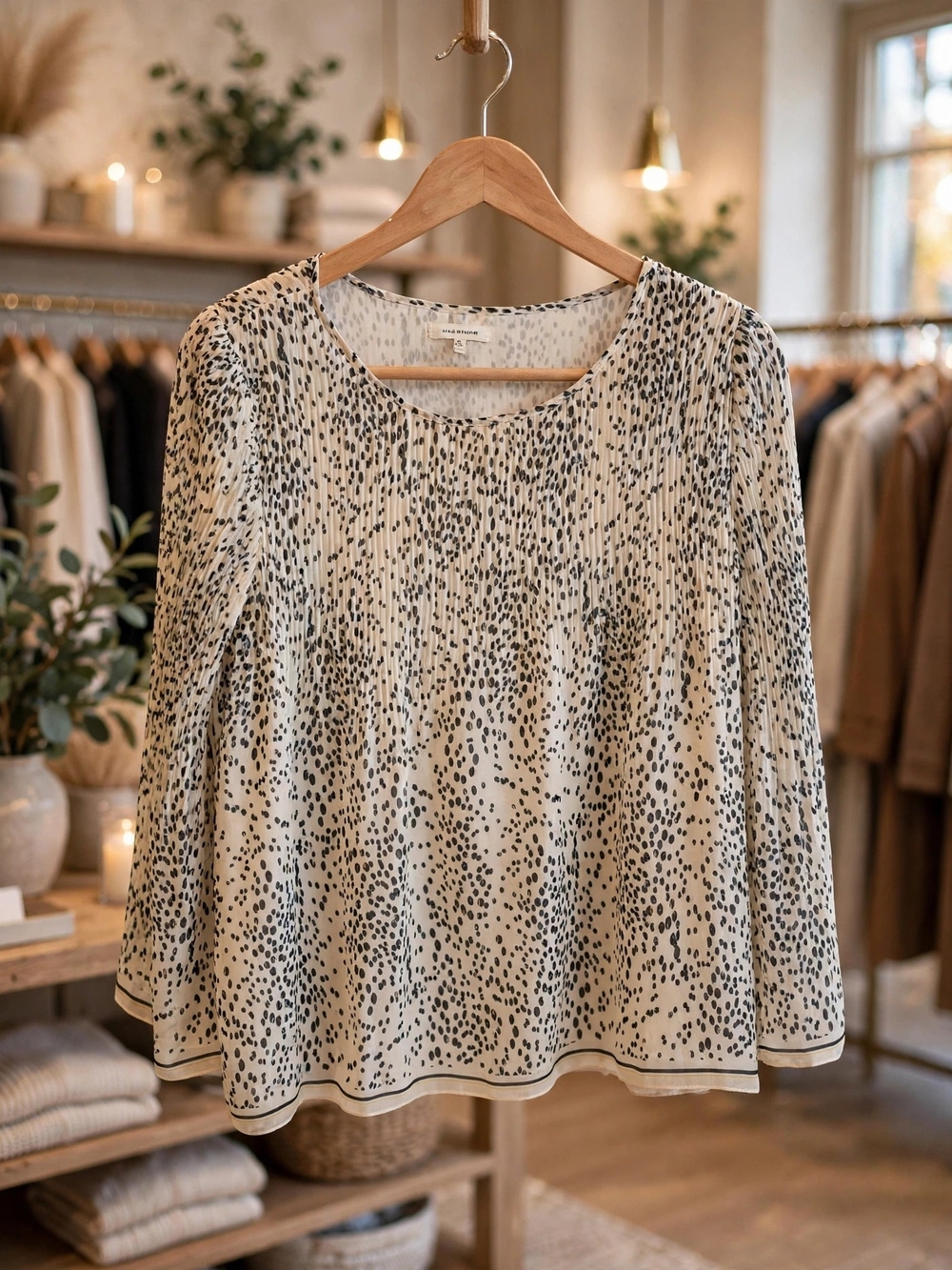 Max Studio Cream Pleated Blouse with Black Spotted Print – Size XL